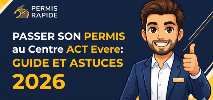 A promotional video thumbnail with a clean, professional vector illustration style. It shows a confident, smiling male avatar in a blue suit giving a thumbs-up. Large text in the center-left reads: "PASSER SON PERMIS au Centre ACT Evere: GUIDE ET ASTUCES 2026" (Pass Your Permit at the ACT Evere Center: Guide and Tips 2026). The top-left corner has the "PERMIS RAPIDE" logo with a speed-road icon. The background is a deep navy blue with geometric yellow and white accent patterns in the corners and a speed icon at the bottom. The overall impression is a premium, encouraging guide for passing a driving test in 2026.