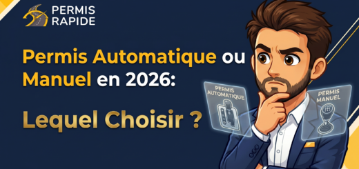 Thumbnail for Permis Rapide with the text "Permis Automatique ou Manuel en 2026: Lequel Choisir ?". A cartoon illustration of a thoughtful man in a suit deciding between two glowing digital panels: one displaying an automatic gear shifter and the other a manual gear stick.