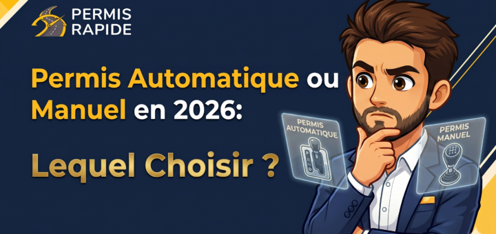 Thumbnail for Permis Rapide with the text "Permis Automatique ou Manuel en 2026: Lequel Choisir ?". A cartoon illustration of a thoughtful man in a suit deciding between two glowing digital panels: one displaying an automatic gear shifter and the other a manual gear stick.