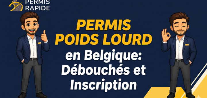Thumbnail graphic featuring the 'Permis Rapide' logo and the text 'PERMIS POIDS LOURD en Belgique: Débouchés et Inscription'. The background is dark blue with yellow geometric accents. Flanking the text are two cartoon avatars of a smiling man in a blue suit, one giving a thumbs-up and the other making an 'OK' hand sign.