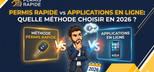 An infographic titled "PERMIS RAPIDE vs APPLICATIONS EN LIGNE: QUELLE MÉTHODE CHOISIR EN 2026 ?". A thoughtful cartoon man in a suit stands in the center, flanked by a "Vs" symbol. To his left is a glowing yellow box labeled "MÉTHODE PERMIS RAPIDE" featuring a car key. To his right is a glowing blue box labeled "APPLICATIONS EN LIGNE" featuring a smartphone. A calendar displaying the year 2026 sits at the bottom right, and the Permis Rapide logo is in the top left corner.