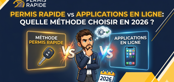 An infographic titled "PERMIS RAPIDE vs APPLICATIONS EN LIGNE: QUELLE MÉTHODE CHOISIR EN 2026 ?". A thoughtful cartoon man in a suit stands in the center, flanked by a "Vs" symbol. To his left is a glowing yellow box labeled "MÉTHODE PERMIS RAPIDE" featuring a car key. To his right is a glowing blue box labeled "APPLICATIONS EN LIGNE" featuring a smartphone. A calendar displaying the year 2026 sits at the bottom right, and the Permis Rapide logo is in the top left corner.