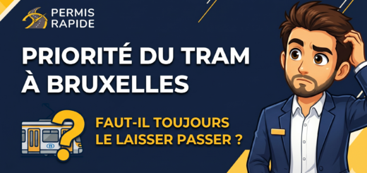 Thumbnail image featuring the Permis Rapide logo with the title 'PRIORITÉ DU TRAM À BRUXELLES' in large white letters, and the subtitle 'FAUT-IL TOUJOURS LE LAISSER PASSER ?' in yellow. On the left is a small illustration of a tram next to a large question mark, and on the right is a cartoon man in a blue suit scratching his head with a confused expression.