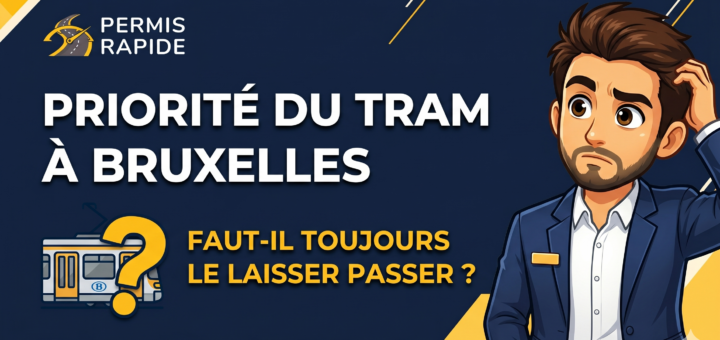 Thumbnail image featuring the Permis Rapide logo with the title 'PRIORITÉ DU TRAM À BRUXELLES' in large white letters, and the subtitle 'FAUT-IL TOUJOURS LE LAISSER PASSER ?' in yellow. On the left is a small illustration of a tram next to a large question mark, and on the right is a cartoon man in a blue suit scratching his head with a confused expression.
