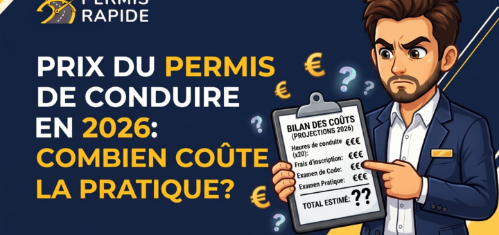 Thumbnail image with the title 'Prix du Permis de Conduire en 2026: Combien Coûte la Pratique?' A concerned cartoon man in a suit points to a clipboard listing estimated driving school costs, surrounded by floating Euro signs and question marks. The Permis Rapide logo is in the top left corner.