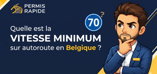 Permis Rapide thumbnail asking 'Quelle est la VITESSE MINIMUM sur autoroute en Belgique ?' featuring a thoughtful cartoon man in a suit and a speed limit sign showing 70 with a question mark.