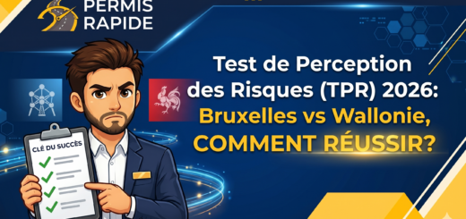 Text reading 'Test de Perception des Risques (TPR) 2026: Bruxelles vs Wallonie, COMMENT RÉUSSIR?'. A cartoon man in a dark blue suit points to a checklist titled 'Clé du succès'. The background is dark blue with yellow geometric shapes, the 'Permis Rapide' logo, and small icons representing Brussels and Wallonia.