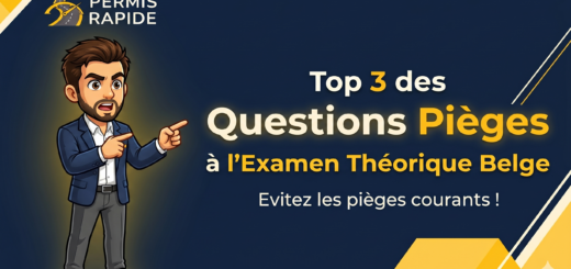 Blog thumbnail with a surprised cartoon man pointing. The primary text reads: 'Top 3 des Questions Pièges à l'Examen Théorique Belge'. Below it, smaller text reads: 'Evitez les pièges courants!'. The logo 'Permis Rapide' is in the corner.