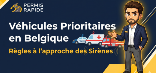 An informative infographic titled "Véhicules Prioritaires en Belgique" (Priority Vehicles in Belgium) and "Règles à l'approche des Sirènes" (Rules when Approaching Sirens) on a deep blue background with yellow-white geometric accents. On the left side, the text is displayed prominently. The logo "PERMIS RAPIDE" with a yellow steering wheel, road, and clock symbol is at the top left.