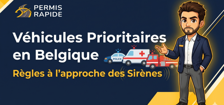 An informative infographic titled "Véhicules Prioritaires en Belgique" (Priority Vehicles in Belgium) and "Règles à l'approche des Sirènes" (Rules when Approaching Sirens) on a deep blue background with yellow-white geometric accents. On the left side, the text is displayed prominently. The logo "PERMIS RAPIDE" with a yellow steering wheel, road, and clock symbol is at the top left.
