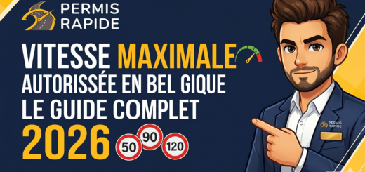 Thumbnail for Permis Rapide featuring the text "VITESSE MAXIMALE AUTORISÉE EN BELGIQUE LE GUIDE COMPLET 2026". A cartoon man in a blue business suit confidently points towards the text and three speed limit signs displaying 50, 90, and 120, set against a dark blue background with yellow geometric accents.