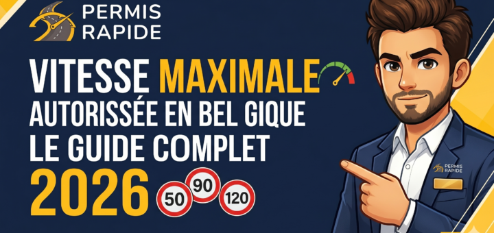 Thumbnail for Permis Rapide featuring the text "VITESSE MAXIMALE AUTORISÉE EN BELGIQUE LE GUIDE COMPLET 2026". A cartoon man in a blue business suit confidently points towards the text and three speed limit signs displaying 50, 90, and 120, set against a dark blue background with yellow geometric accents.