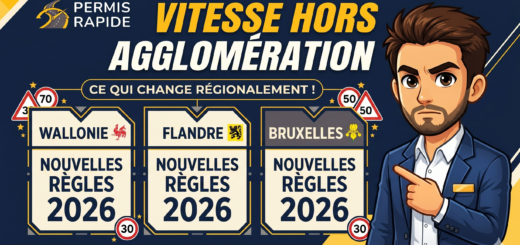 Thumbnail graphic for Permis Rapide. Large text reads 'VITESSE HORS AGGLOMÉRATION' and 'CE QUI CHANGE RÉGIONALEMENT !' Below are three panels labeled 'WALLONIE', 'FLANDRE', and 'BRUXELLES', each stating 'NOUVELLES RÈGLES 2026' and surrounded by 30, 50, and 70 speed limit signs. On the right, an illustrated man in a blue suit points informatively toward the text with a serious expression.