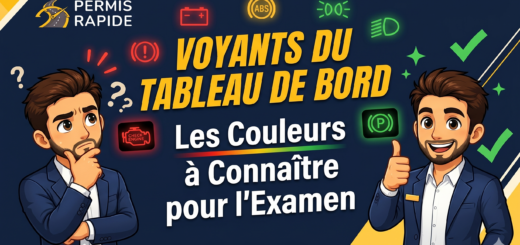 Thumbnail for Permis Rapide. Central text reads: 'VOYANTS DU TABLEAU DE BORD: Les Couleurs à Connaître pour l'Examen'. Floating around the text are glowing car dashboard symbols in red, yellow, and green. On the left, a cartoon man in a suit looks confused next to question marks. On the right, the same man smiles confidently with a thumbs-up next to a green checkmark.