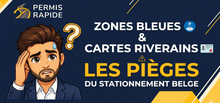 Thumbnail for Permis Rapide featuring a stressed and confused cartoon man in a suit with a question mark next to his head. The main text reads, 'ZONES BLEUES & CARTES RIVERAINS: LES PIÈGES DU STATIONNEMENT BELGE', accompanied by small icons of a blue parking disc, a resident parking card, and a yellow warning triangle.